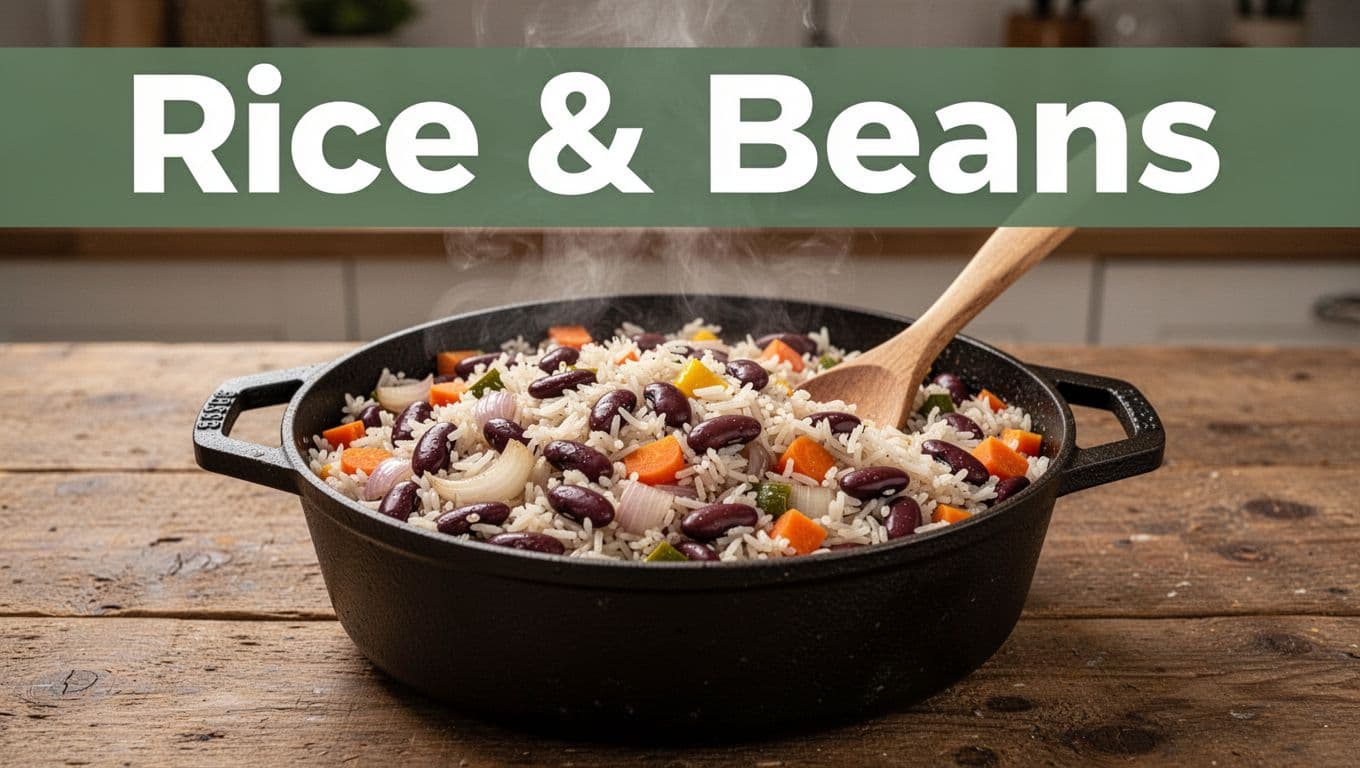 A large cast iron pot filled with steaming hot cooked white rice mixed with red kidney beans, onions, carrots, and garlic on a rustic wooden kitchen table, with warm natural lighting and detailed food textures. Bold 'Rice & Beans' headline in title case geometric sans-serif font on a muted dark-green edge-to-edge band near the top.