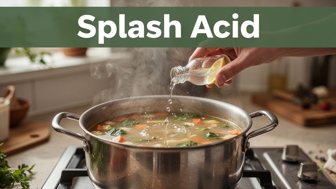 Close-up of a steaming pot of simple vegetable soup on the stove with a relaxed hand pouring a splash of white vinegar or lemon juice, bright droplets visible in a basic kitchen setting. Bold 'Splash Acid' headline in geometric sans-serif on a muted dark-green top band.