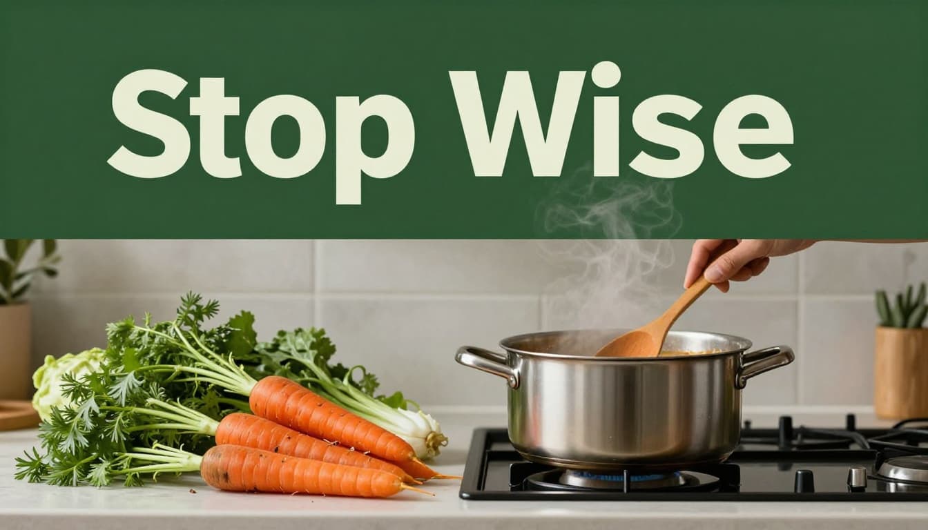 Photorealistic overhead kitchen view with near-spoiled vegetables like carrots and greens transformed into a steaming soup pot on the counter, wooden spoon nearby, under a bold dark-green band headline 'Stop Waste'.