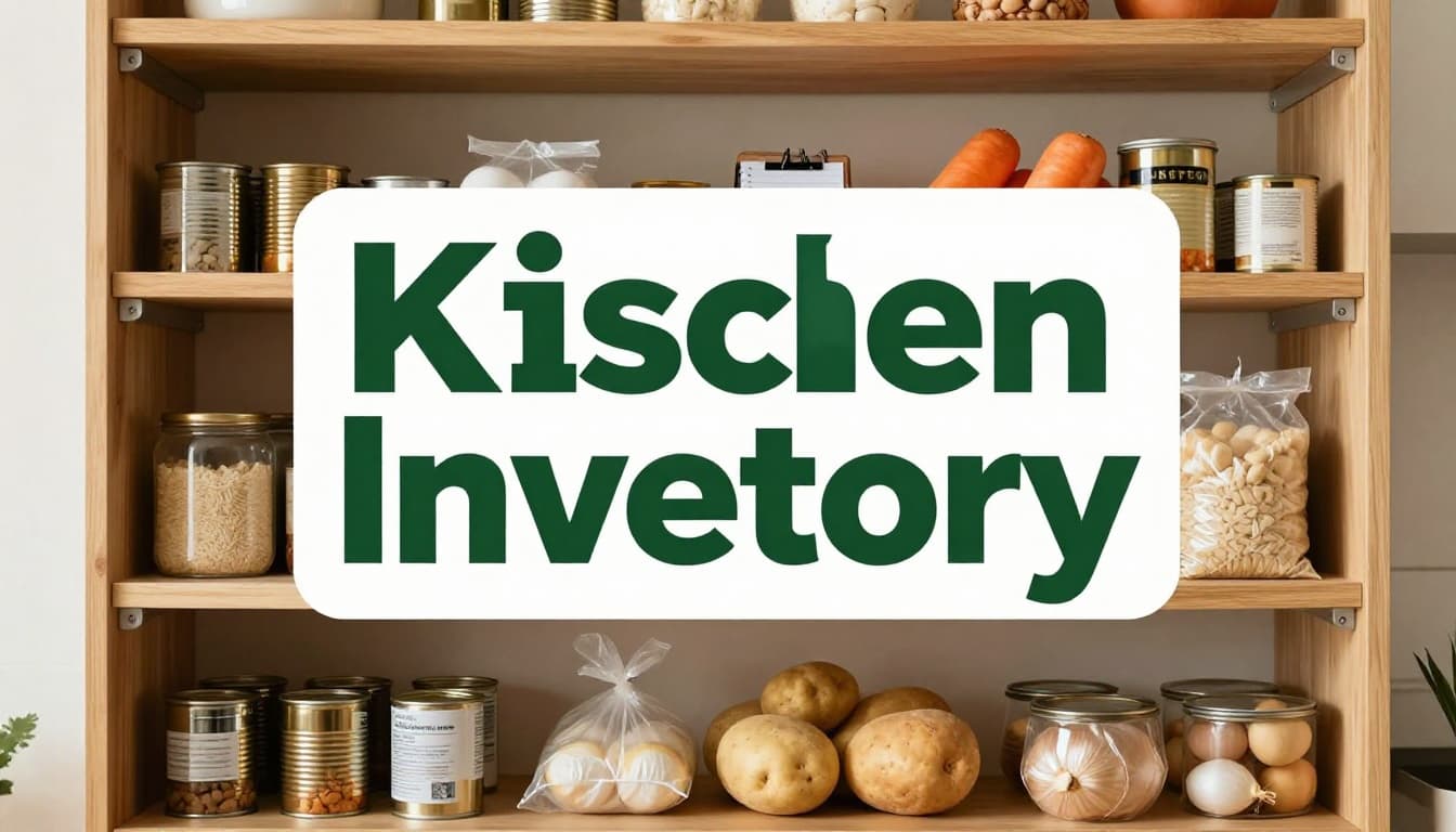Open wooden pantry shelves in a kitchen stocked with canned goods, rice bags, eggs, potatoes, carrots, and onions, lit by warm natural window light. A single person stands relaxed nearby with notepad and pen at center focus, under a bold 'Kitchen Inventory' headline in high-contrast dark-green band.
