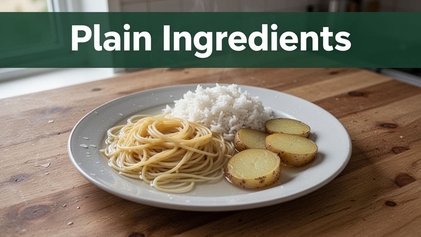 A realistic photo of a single centered plate on a wooden kitchen table featuring plain boiled pasta, white rice, and sliced potatoes, appearing watery and unappetizing under soft natural window light with muted colors. Topped with a bold muted dark-green edge-to-edge horizontal band holding the high-contrast 'Plain Ingredients' headline in geometric sans-serif typography.