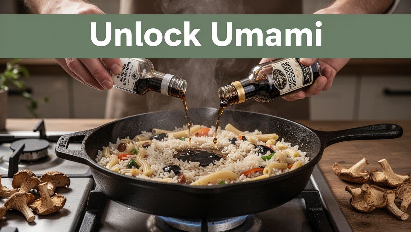 Close-up of a cast iron skillet simmering with rice or pasta on a home stove, with soy sauce and Worcestershire being added by relaxed hands, dried mushroom pieces nearby, and rich steam rising under warm lighting.