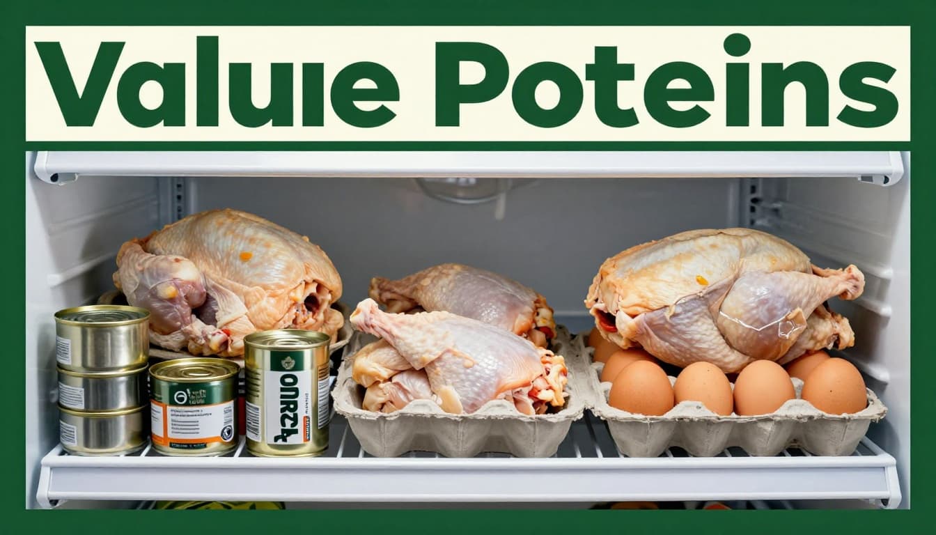 Realistic photo of affordable proteins: dozen eggs carton, bone-in chicken thighs, whole chicken, canned sardines and tuna on a fridge shelf with soft kitchen lighting and bold 'Value Proteins' title band.