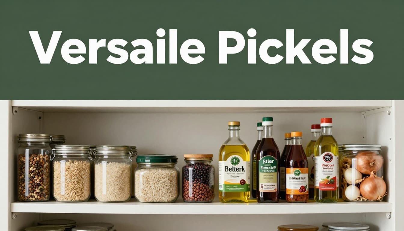 Photorealistic pantry shelf stocked with 5-6 essential multi-use staples like rice, beans, oil, spices, and onions, illuminated by soft natural light in a straight-on composition. Topped with a bold high-contrast dark-green horizontal band featuring only the geometric sans-serif headline 'Versatile Picks'.