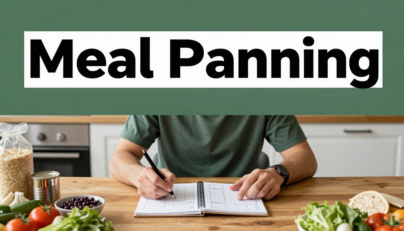 A person sits at a wooden kitchen table writing a weekly meal plan on a notepad with a calendar, surrounded by pantry staples like rice, canned beans, and fresh vegetables in natural daylight.