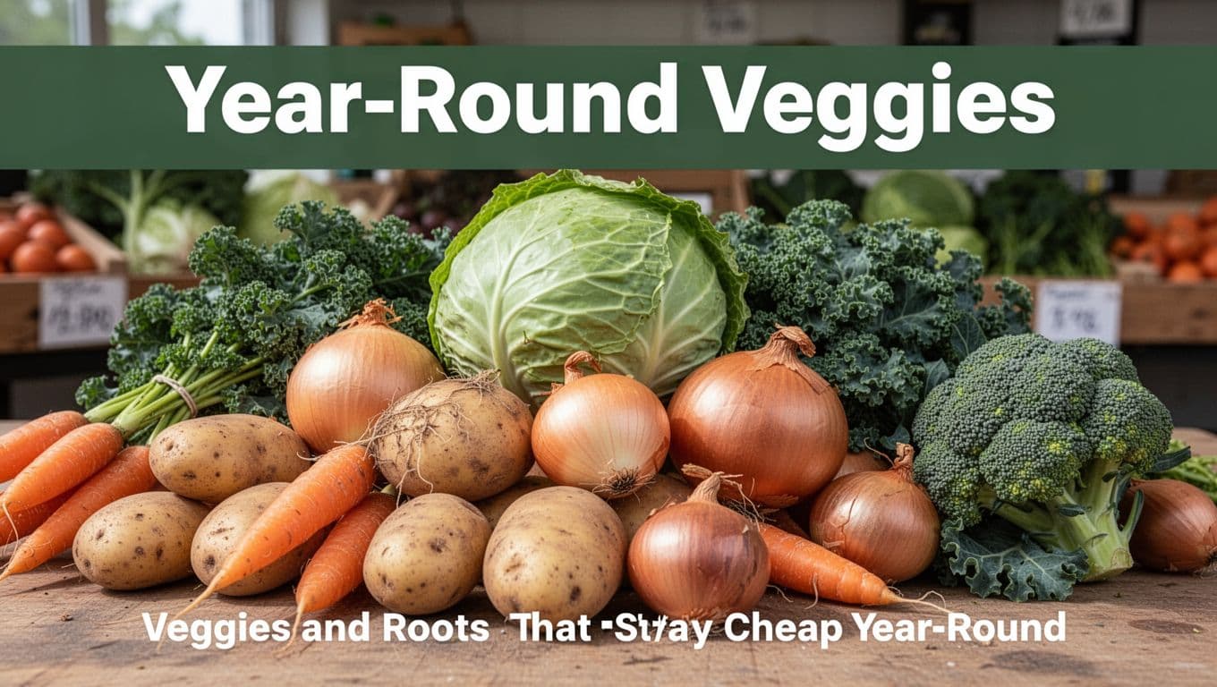 Fresh budget vegetables and roots including potatoes, carrots, onions, cabbage head, kale bunch, and broccoli piled on a market table under natural daylight with bold 'Year-Round Veggies' headline.